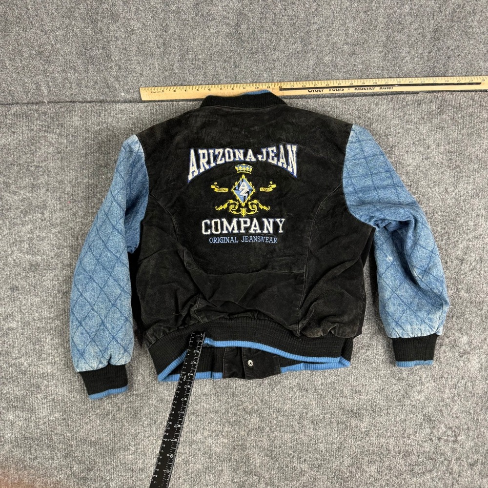Arizona Varsity Jacket Boys‎ Size L 14/16 Black Suede Blue Denim Quilted Vintage